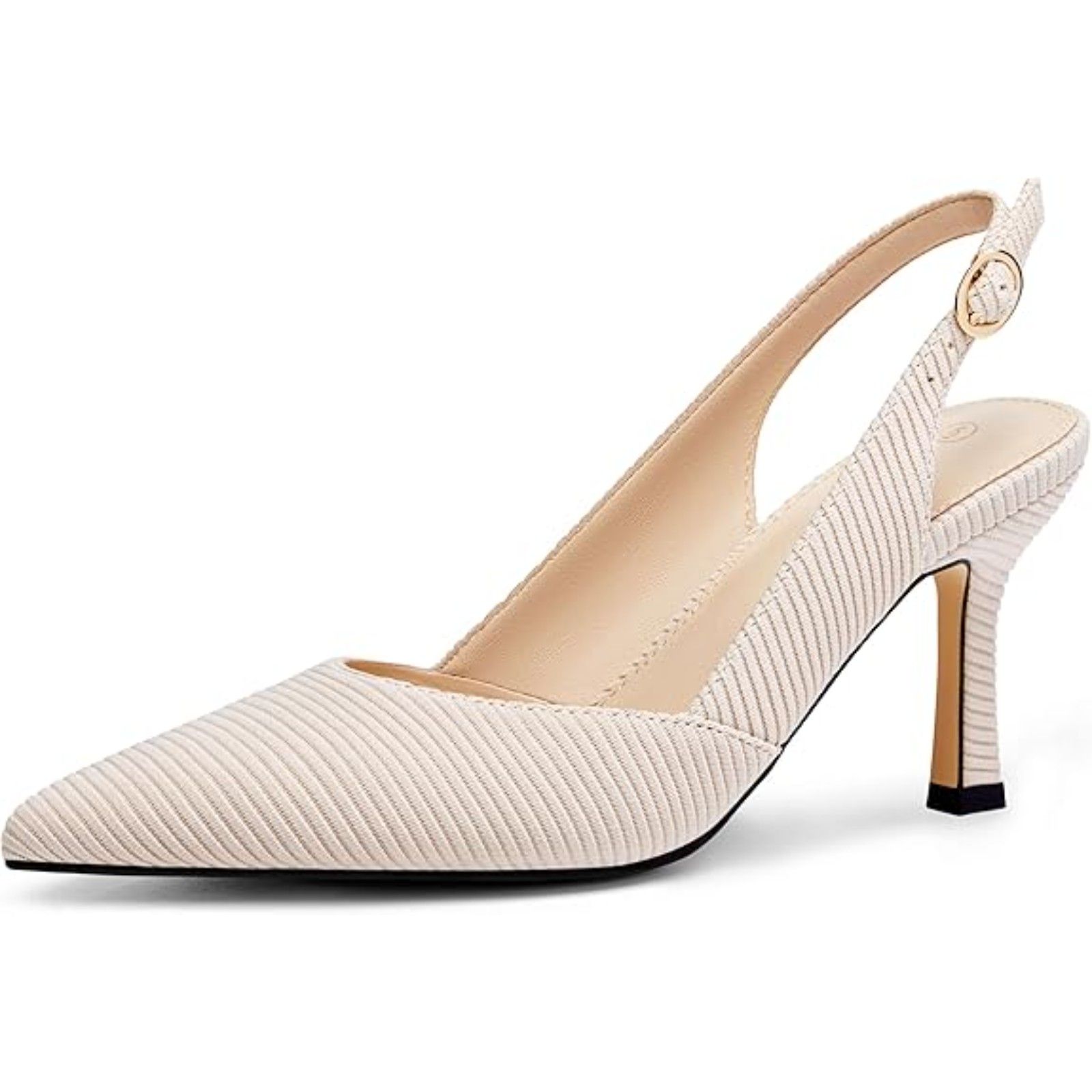 Women's Beige Closed Toe Faux Leather Slingback Kitten Heel Wedding Pumps Shoes